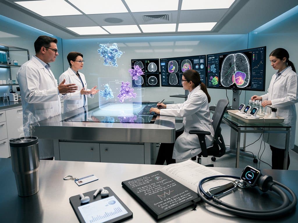 AI medical lab team reviews diagnostics on screens with protein models and scans