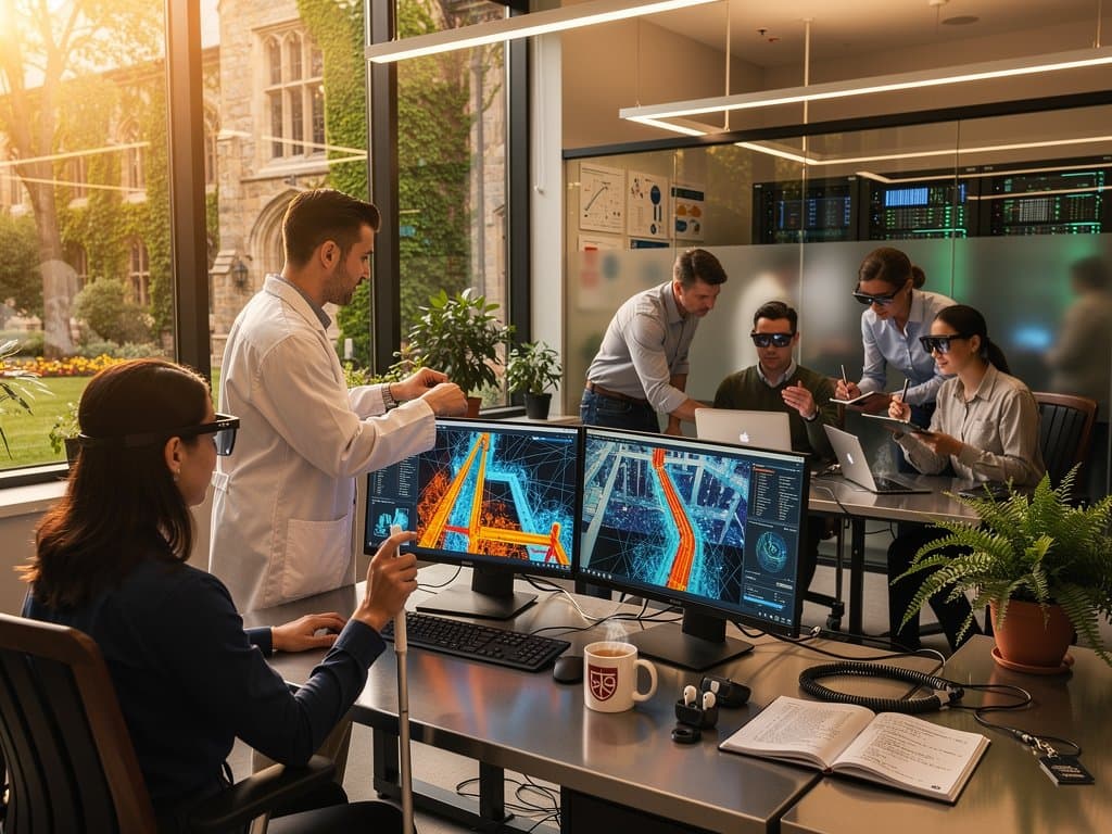 Cornell researchers test assistive AI AR glasses on volunteer in modern lab with AI vision monitors, team collaboration, and campus view