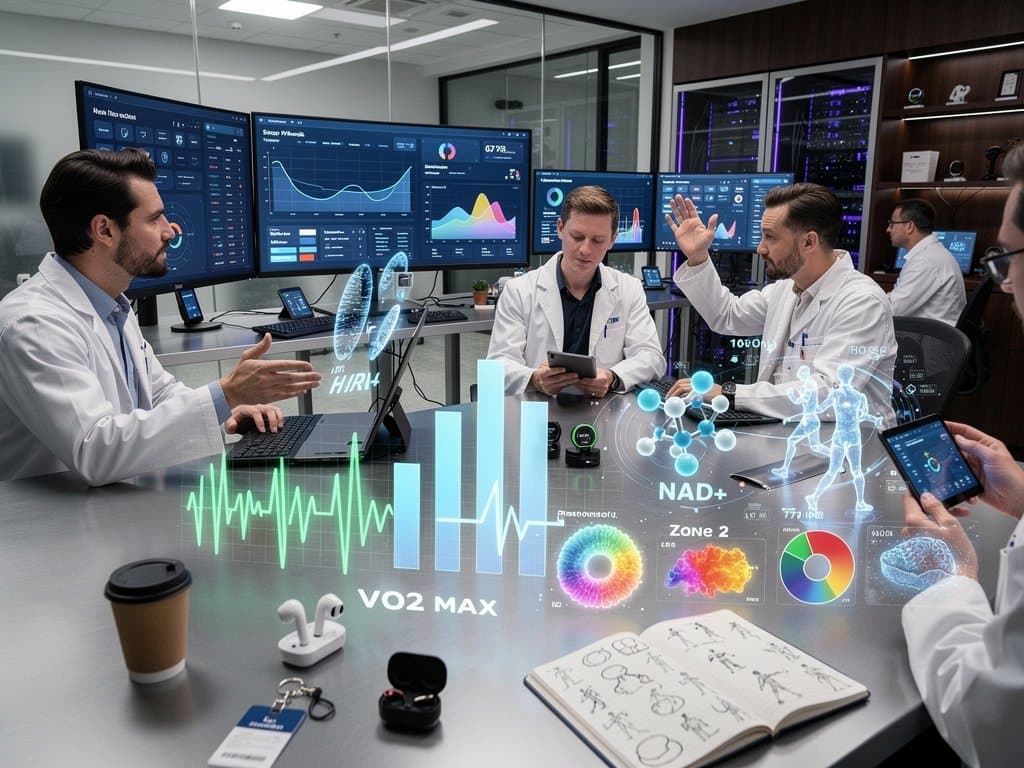 AI-optimized longevity lab analyzes biohacking biomarkers on advanced displays amid team collaboration
