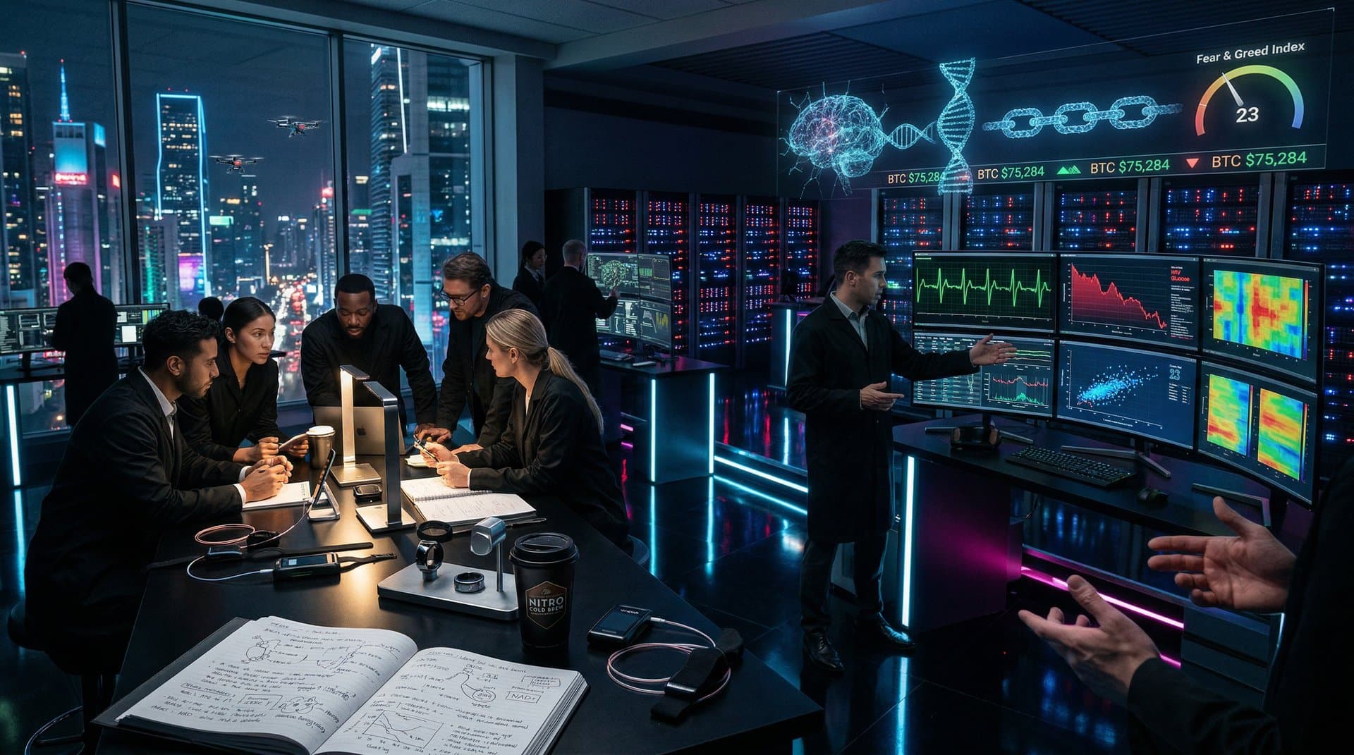 Futuristic lab with AI biohacking feedback dashboards, wearables, and glowing health data visualizations