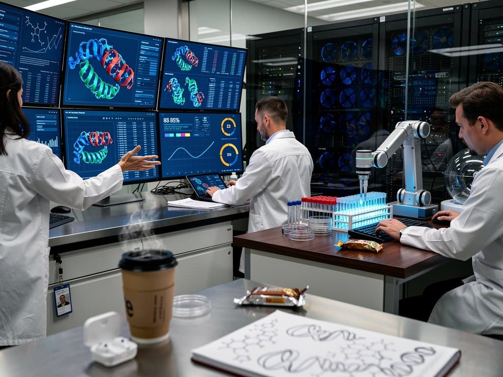 Futuristic 3D AI protein design visualizations on multi-monitors with crypto Fear Index 23 and market charts in high-tech lab