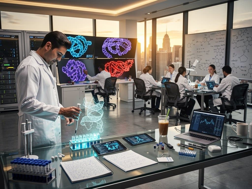 High-tech lab with 3D protein models on monitors, workbenches with tech gear, and modern collaborative spaces