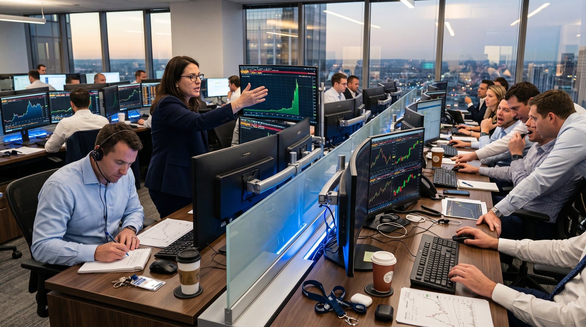 Schwab trading floor with Bloomberg terminals displaying BTC at $75K, XRP surges, and crypto launch news on screens