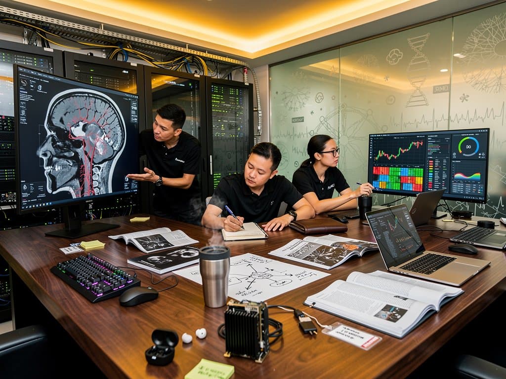 AI lab monitors showing head CT scans overlaid with coronary calcium maps and validation graphs in modern tech environment