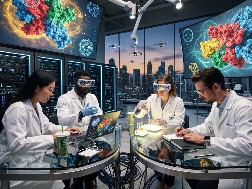 Futuristic biotech lab displaying 3D AI-simulated protein structures on screens, team silhouettes collaborating amid glowing servers and city skyline (112 chars)