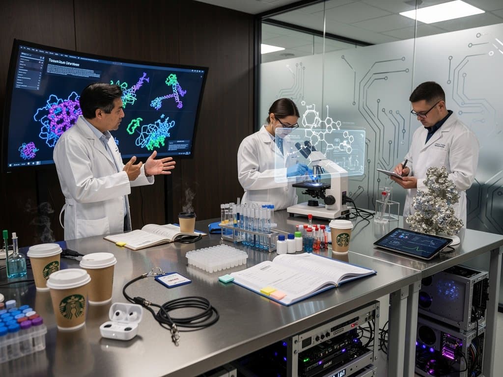High-tech lab screens show 3D protein models and AI simulations amid glowing servers and molecular displays