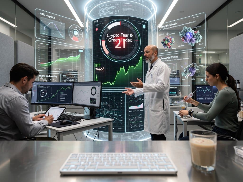 AI dashboard in longevity lab showing Fear & Greed Index at 21, Bitcoin at $74,663, biohacking metrics, wearables, and holographic displays
