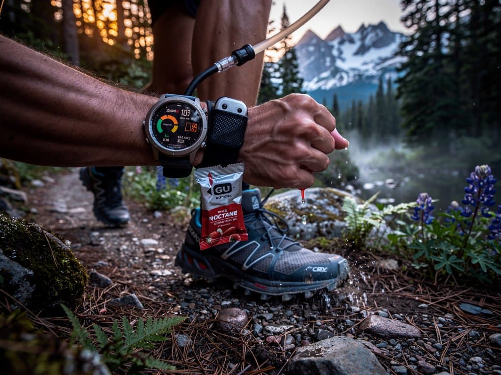 Colorado trail run with Zone 2 cardio watch metrics, cold exposure and sauna icons overlay