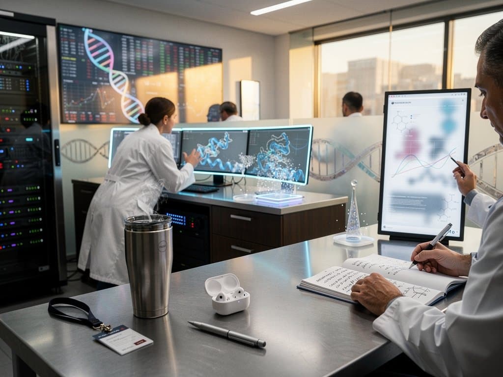 DeepMind lab with 3D protein models on monitors, collaboration zones, biotech graphs, and high-tech research environment