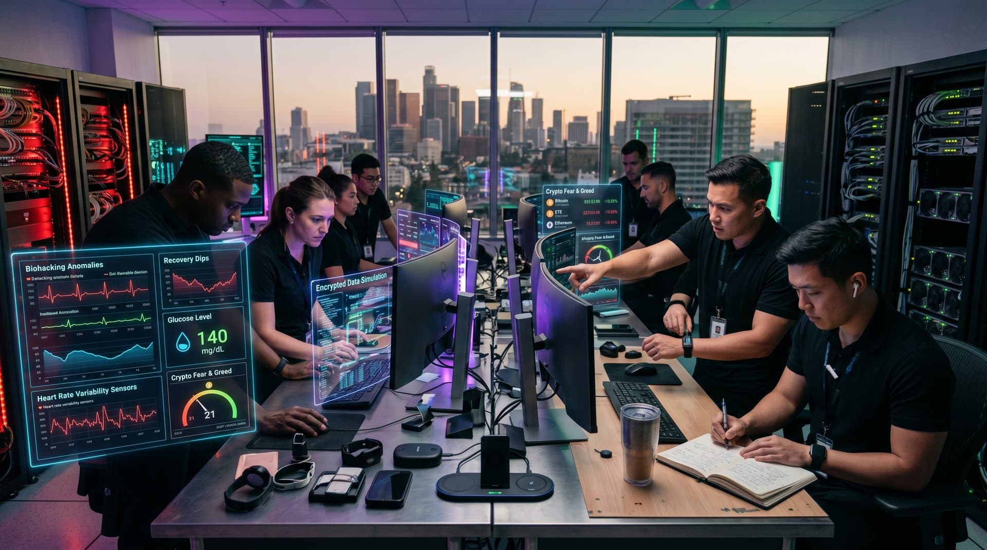 AI cybersecurity dashboard in high-tech lab defending biohacking wearables from threats with cityscape view