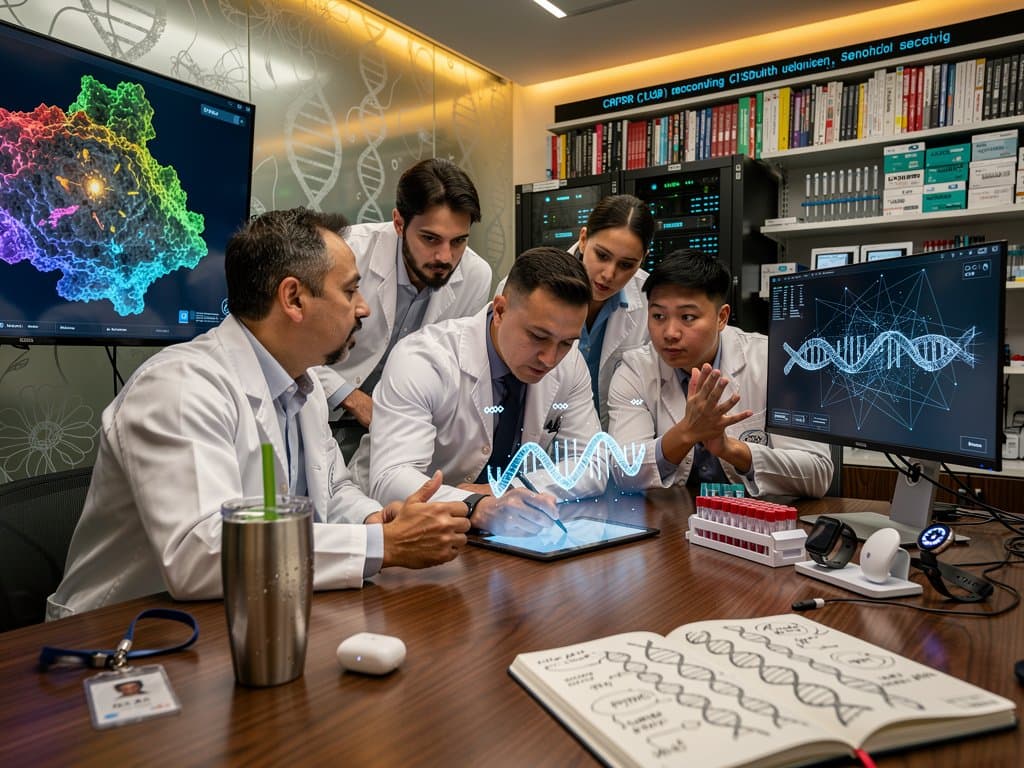 Modern biotech lab screens display AI protein models, holograms, and crypto tickers amid high-tech equipment