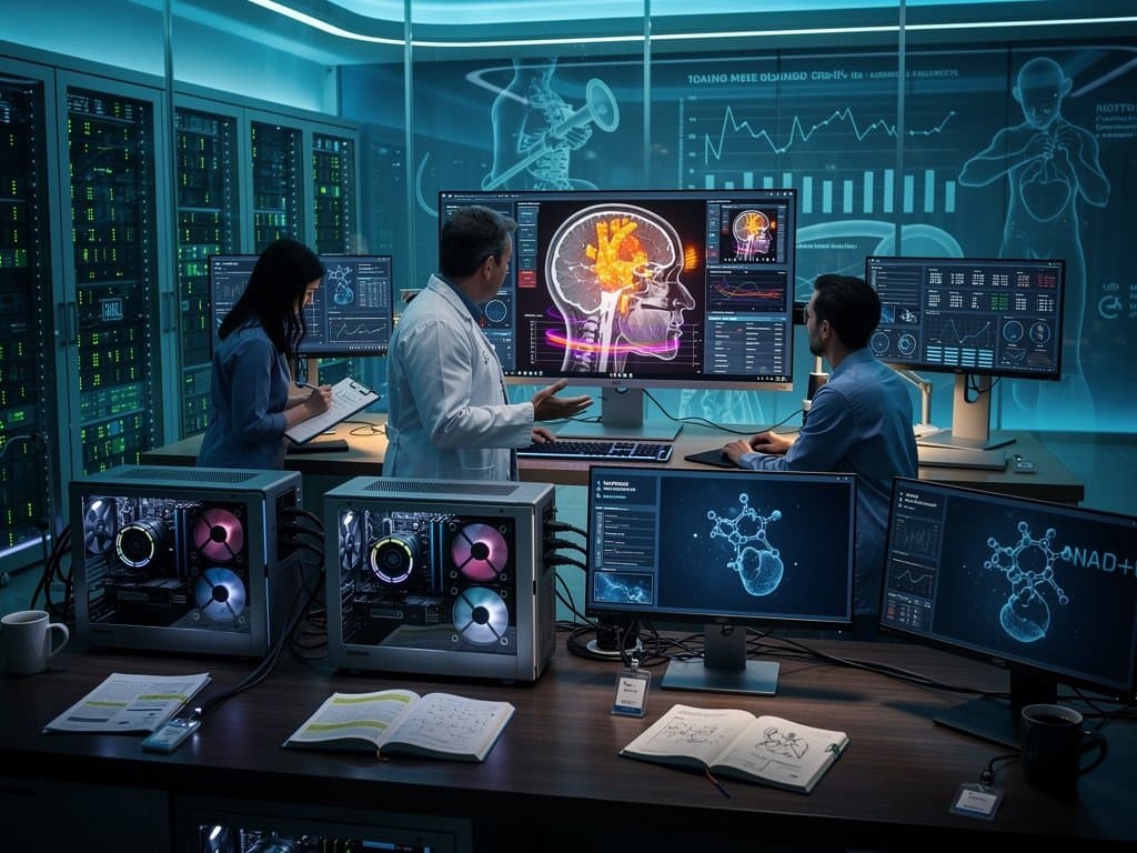 AI team reviews head CT scans with heart risk overlays in advanced radiology lab