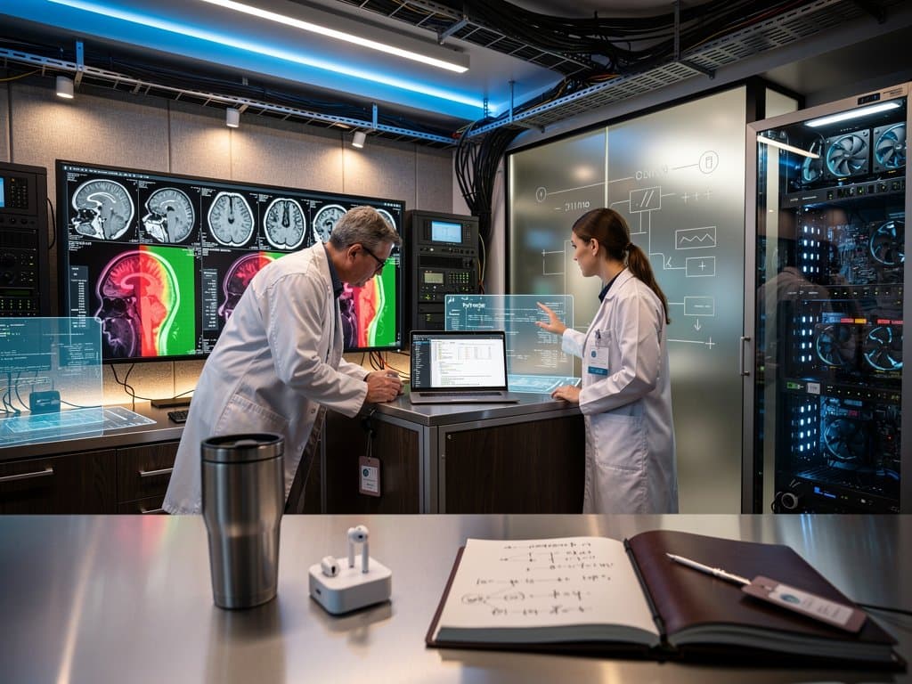 AI lab monitors show head CT scans with heart risk heatmaps in high-tech research environment