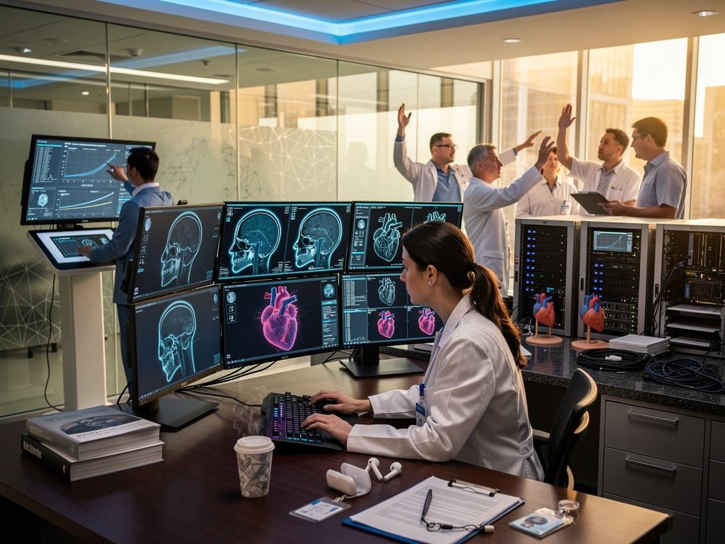 High-tech radiology lab displays AI-analyzed head CT scans with heart risk overlays on multi-monitor arrays in modern interior