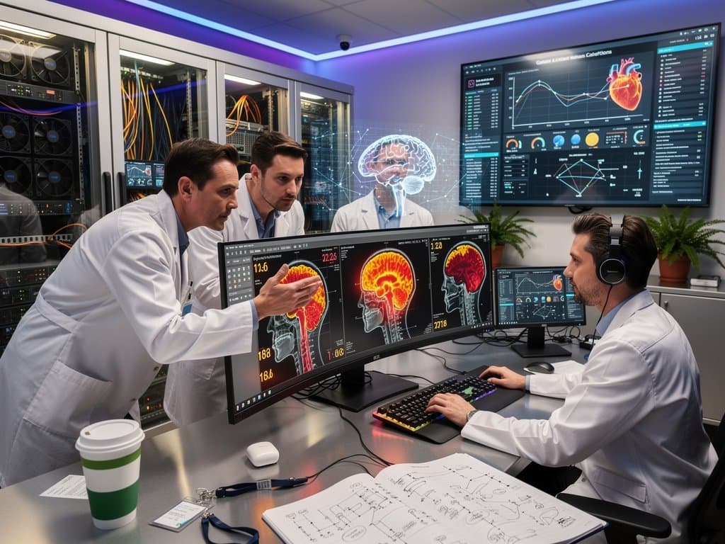 AI-driven head CT scans revealing heart risk heatmaps in high-tech radiology setup