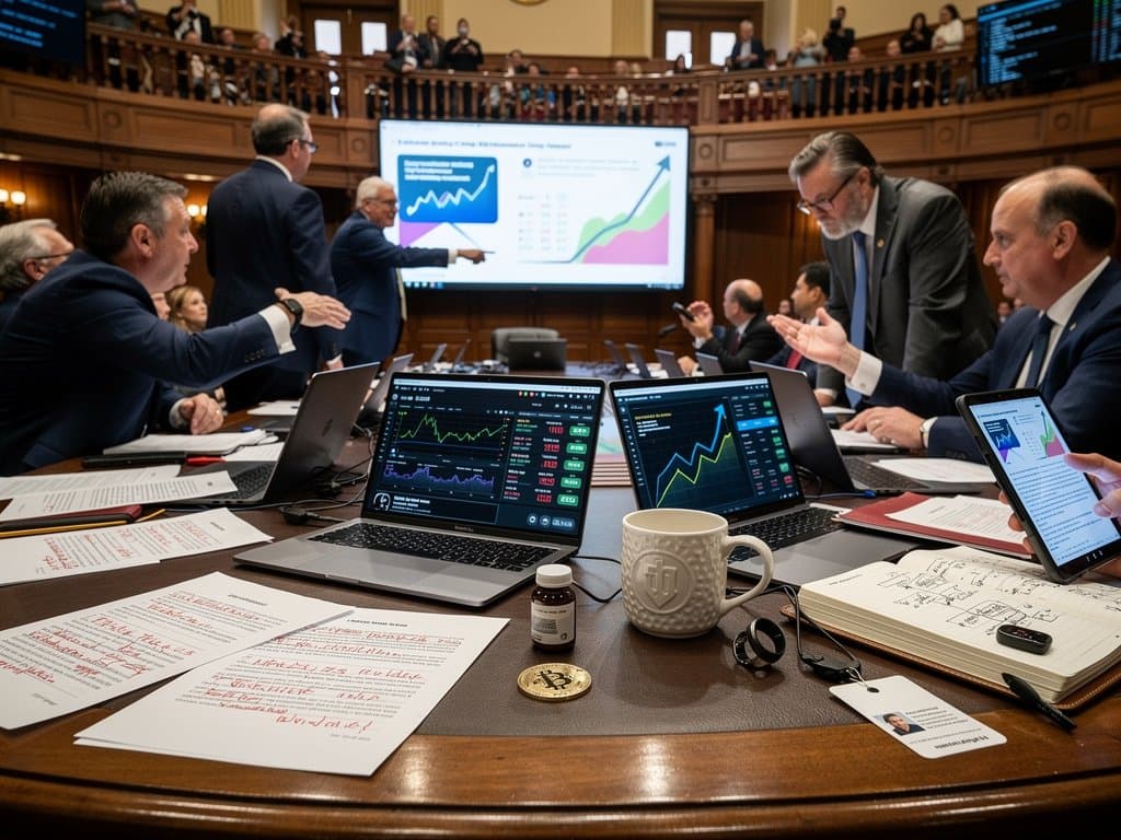 Lawmakers review crypto bill on monitors in Utah Capitol with graphs and documents on table