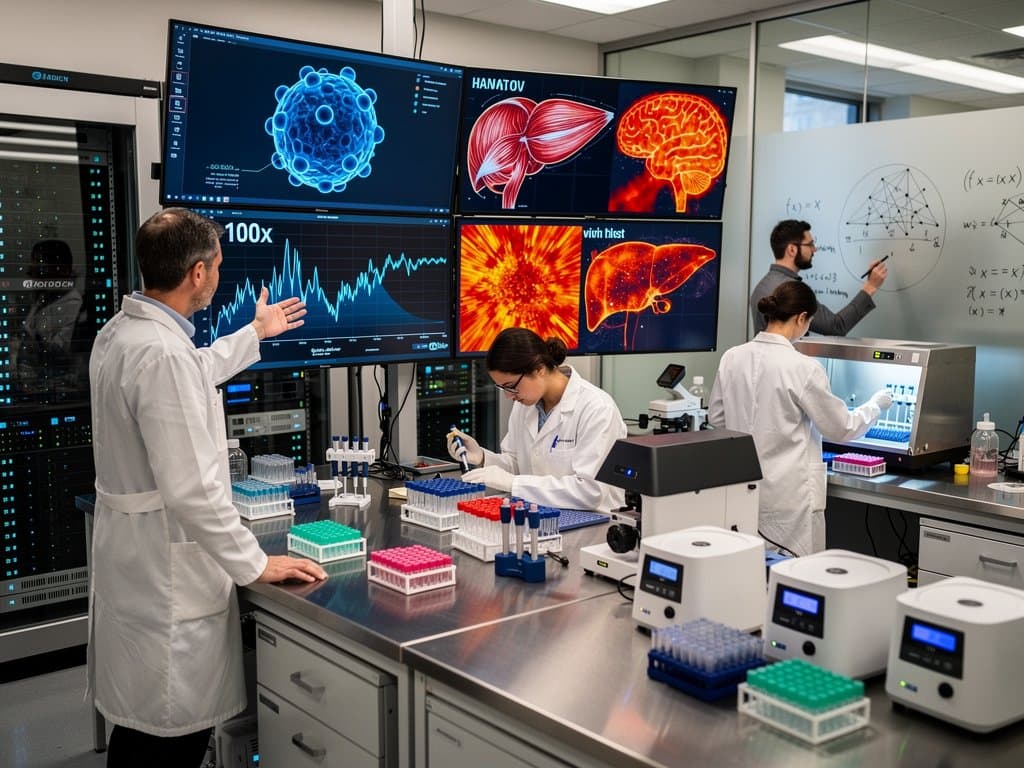 High-tech lab screens display AAV capsid models, ML graphs, and gene therapy data in modern biotech environment