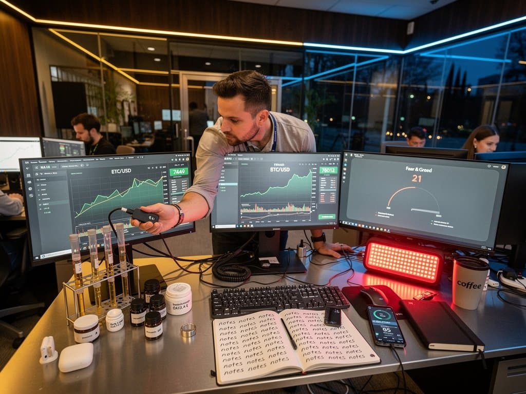 Biohacker workstation with hardware wallet, crypto prices, Fear Index display amid longevity supplements and urban threat view