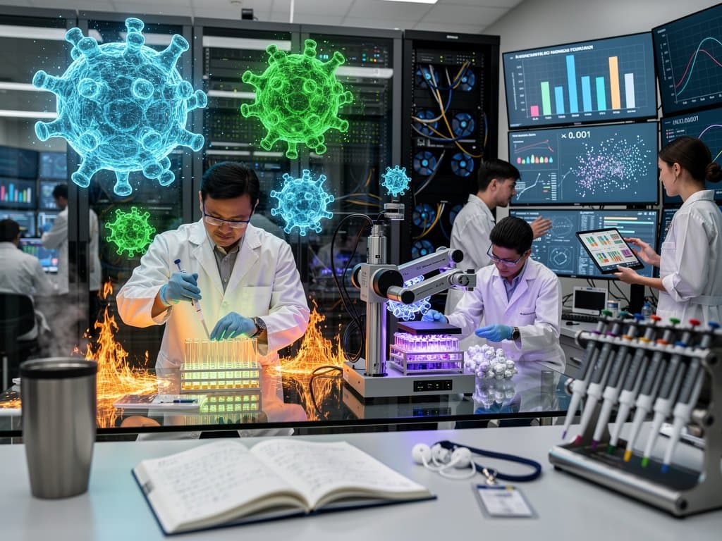 3D renders of AAV capsids and AI heatmaps in a futuristic longevity biotech lab