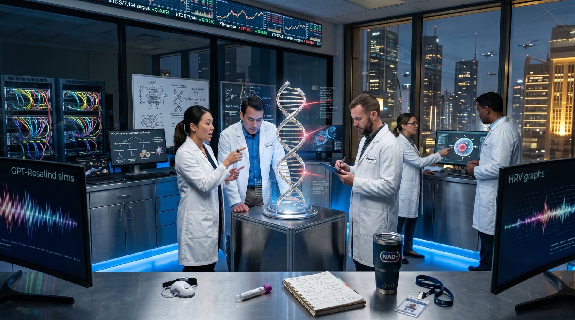 Biotech team views DNA, CRISPR, and AI simulations on multi-monitor setups in modern lab