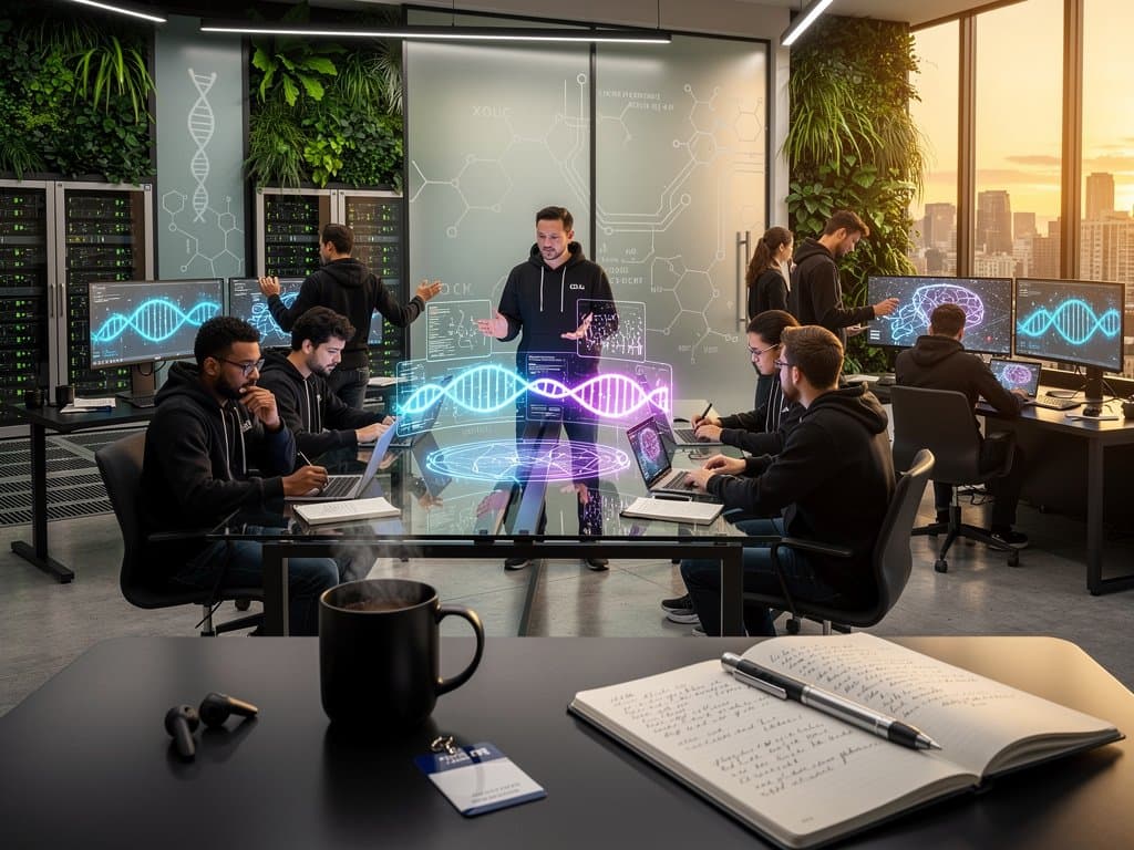 OpenAI lab with AI-driven DNA and neural network visualizations on multi-monitors amid server infrastructure