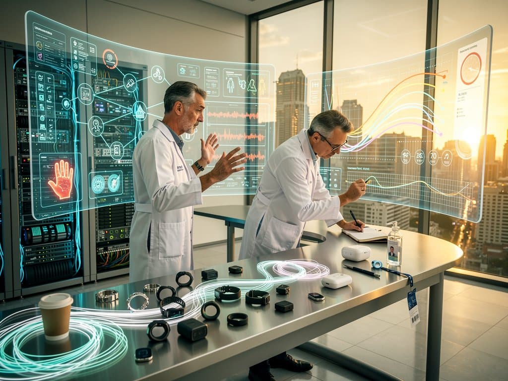 Modern AI lab screens show anesthesia models and neural data heatmaps in innovative workspace with glowing servers