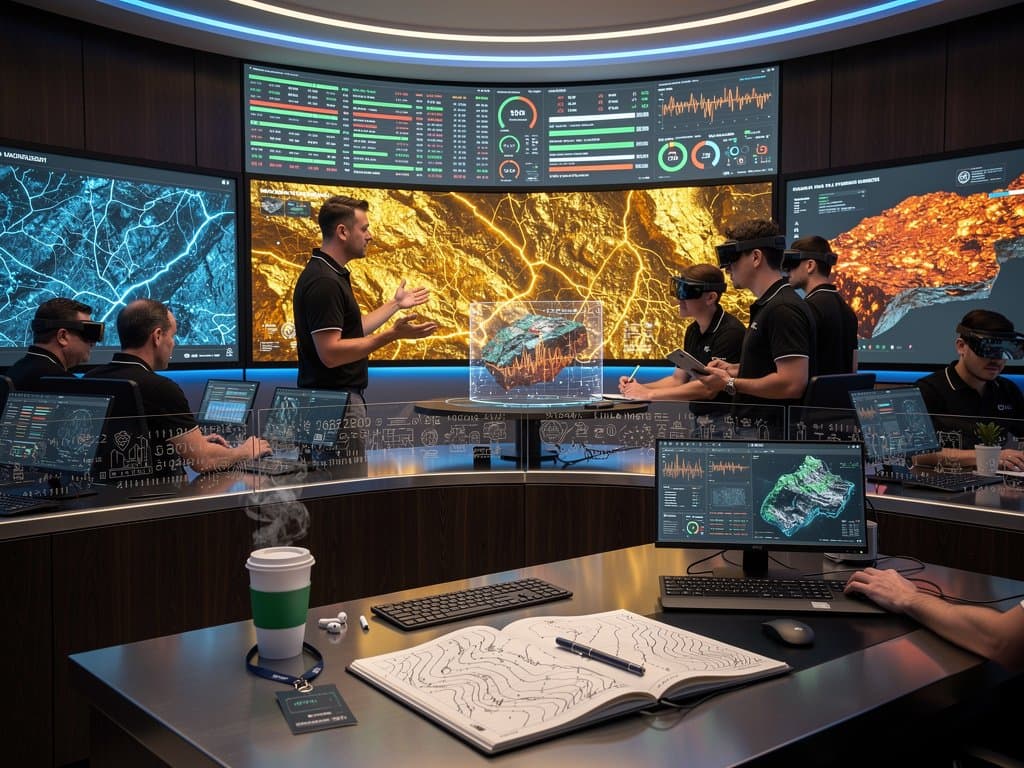 AI control room screens show 3D mineral deposit maps and BTC charts in high-tech mining operations setup