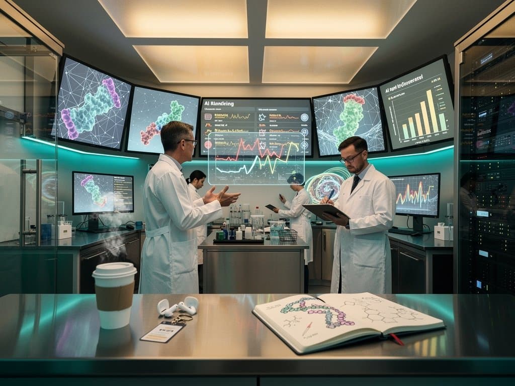 AI-driven protein folding and longevity biomarkers in futuristic biotech visualization