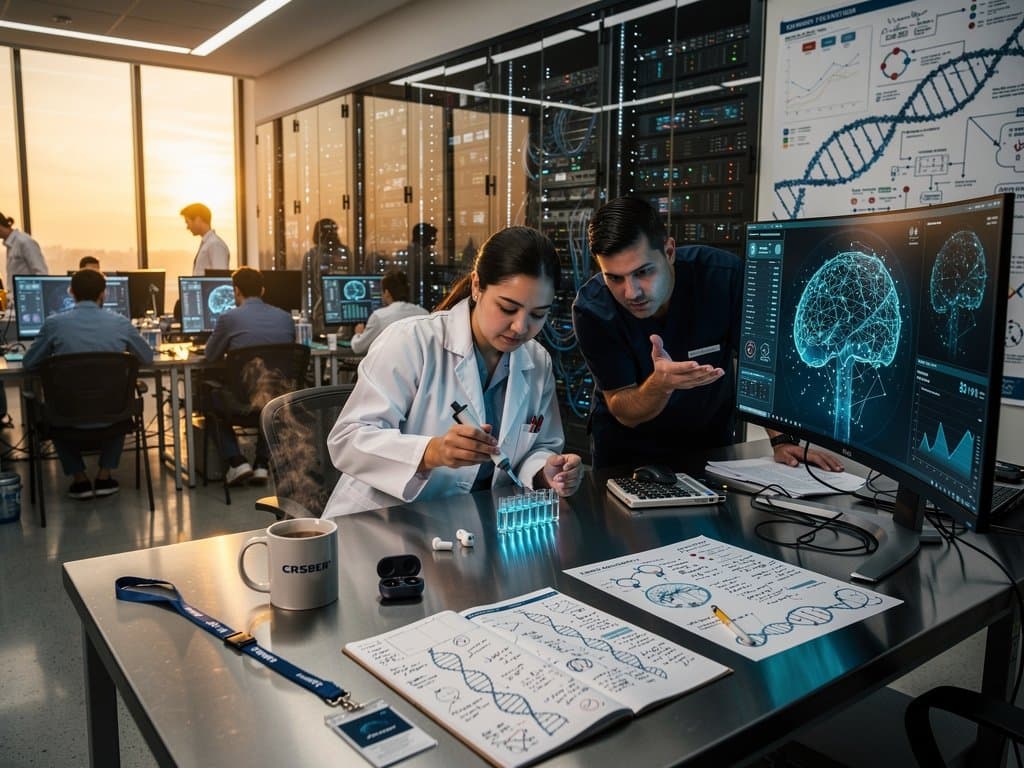 Futuristic OpenAI lab with DNA, neural nets, CRISPR on screens amid high-tech gear