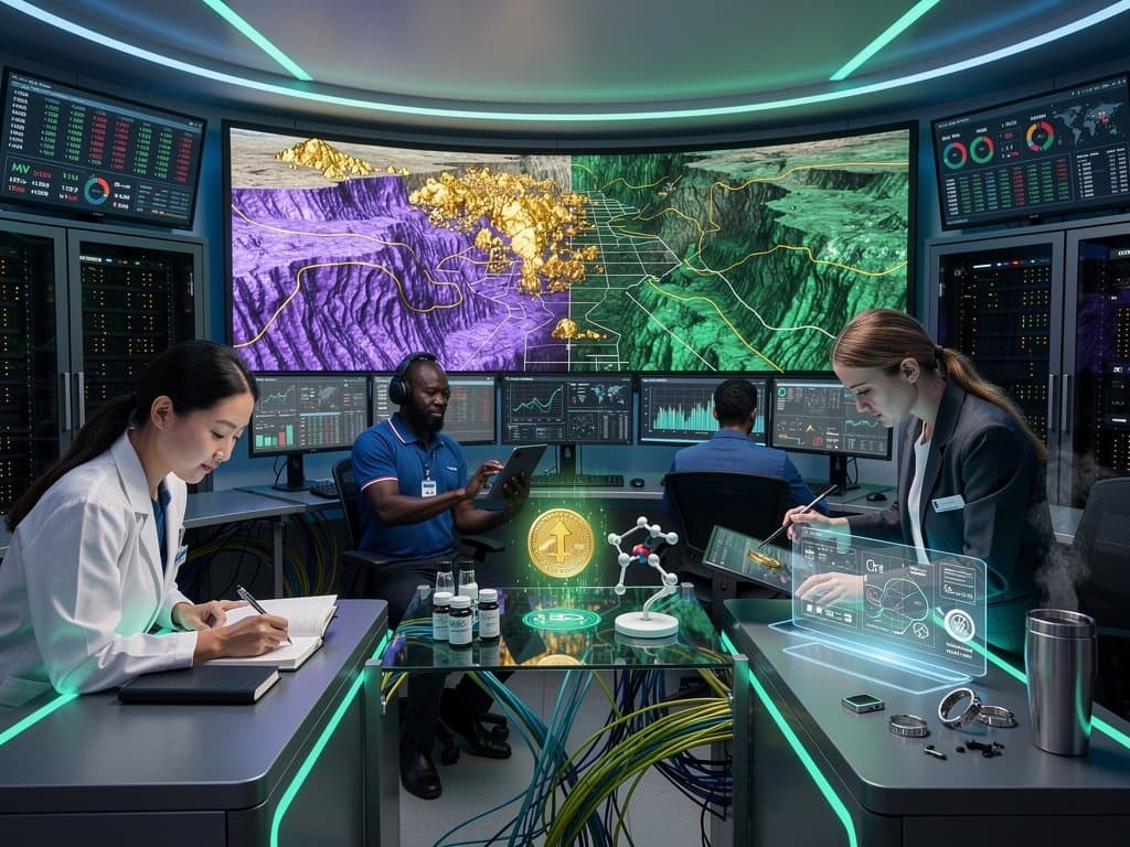 AI team analyzes 3D mineral maps and heatmaps in modern mining tech control room with servers and supplement vials