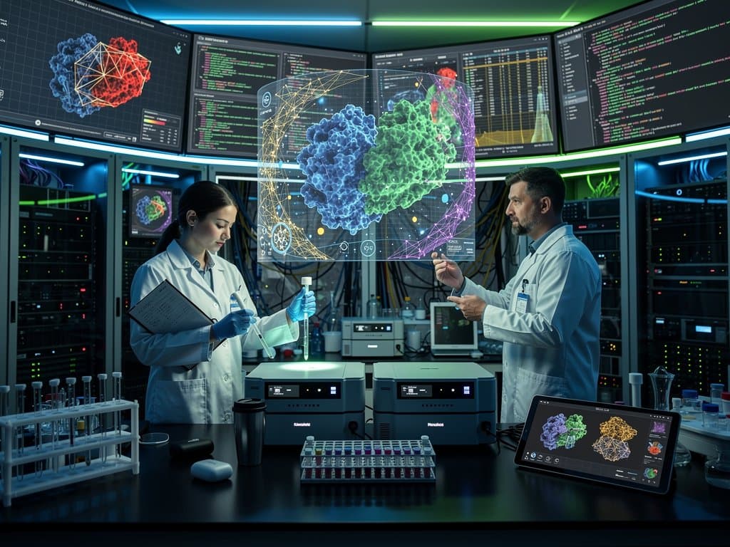 Biotech lab with holographic AAV proteins, ML heatmaps, and GPU servers illuminating longevity gene therapy innovations