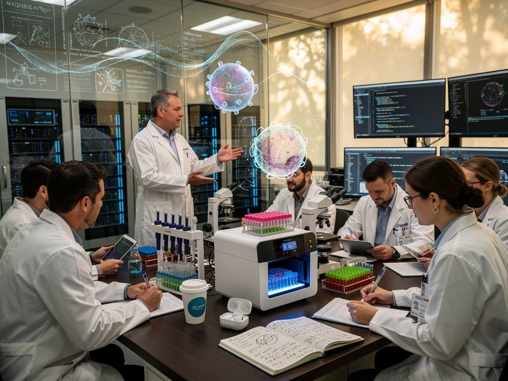 Holographic 3D AAV capsids and ML heatmaps in UNC Chapel Hill biotech lab visualizing gene therapy vectors for anti-aging