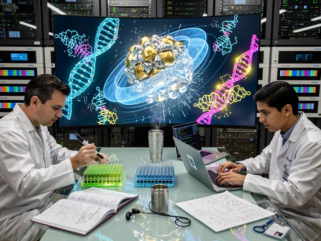 Genomics lab with 3D AAV capsids, machine learning gene therapy graphs showing 2x efficiency, pipettes, and sequencers at UNC Chapel Hill