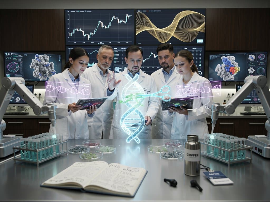 Futuristic AI editing DNA helix with CRISPR in high-tech biotech lab visualization