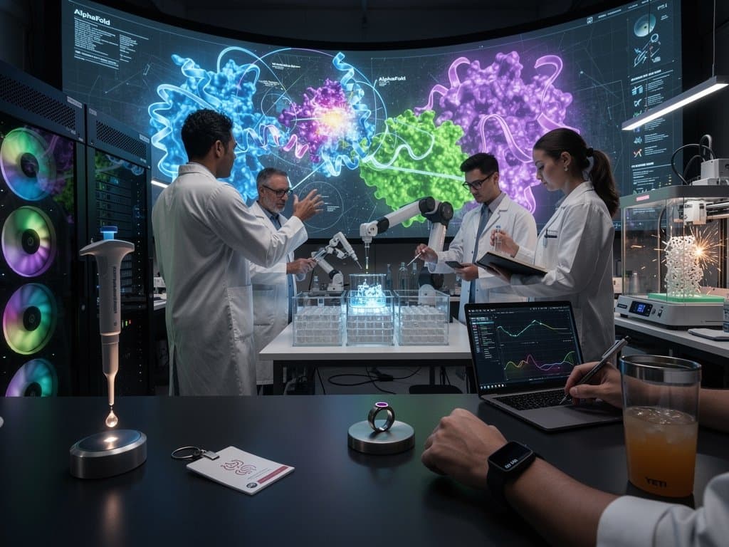 Scientists analyzing 3D AI-generated protein models in a high-tech biotech lab with curved monitors and data visualizations