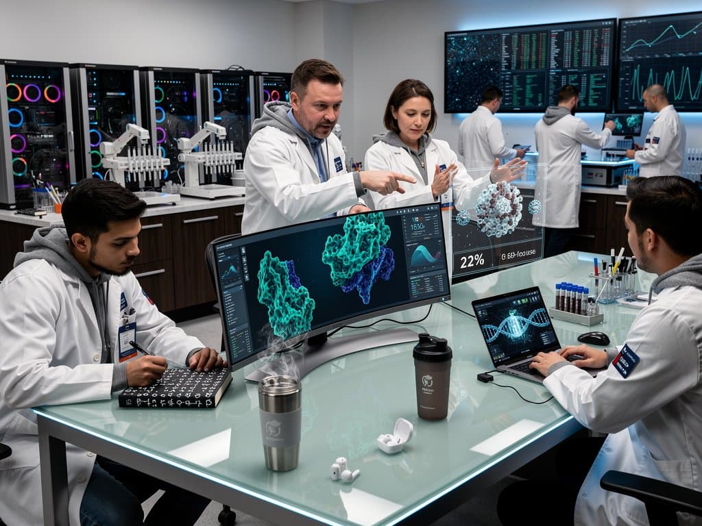 OpenAI researchers analyze GPT-Rosalind protein models and AI visualizations in modern SF office lab