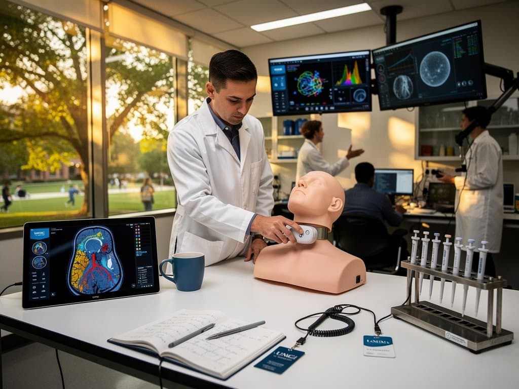 AI ultrasound probe on phantom in UNC Gillings lab, screen shows vascular AI analysis amid high-tech monitors and diagrams