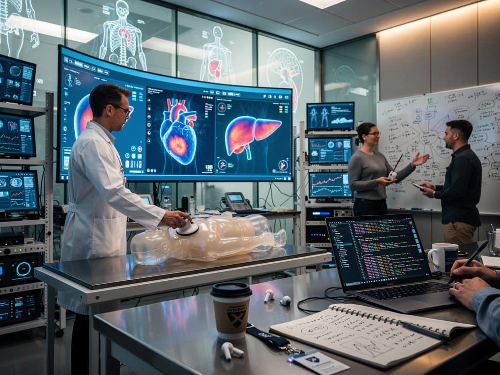 UNC lab tests FDA-cleared AI ultrasound on phantom; screens show liver fat metrics (92% accuracy) and BTC $76K charts