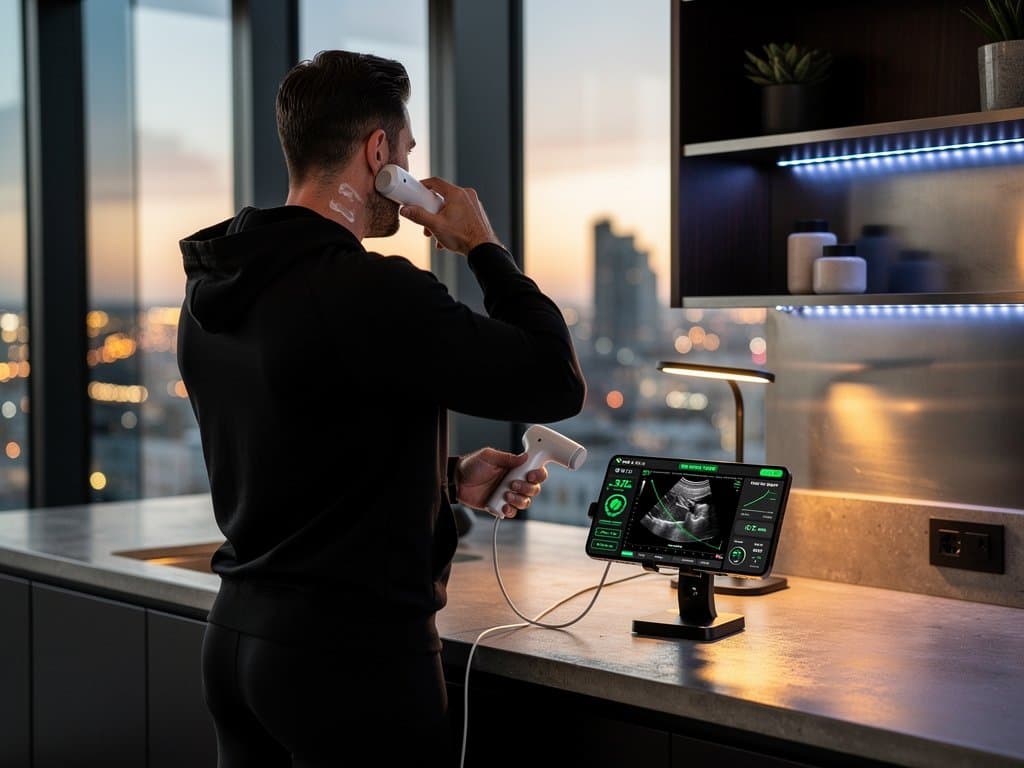 Biohacker performs AI ultrasound scan at home, app shows carotid IMT and vascular age metrics
