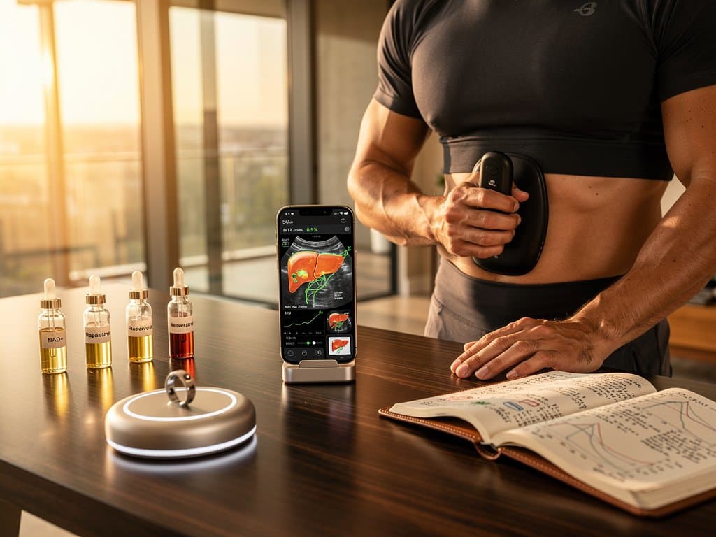 Portable ultrasound probe and smartphone app showing FDA-cleared AI-analyzed organ scan in home biohacking setup