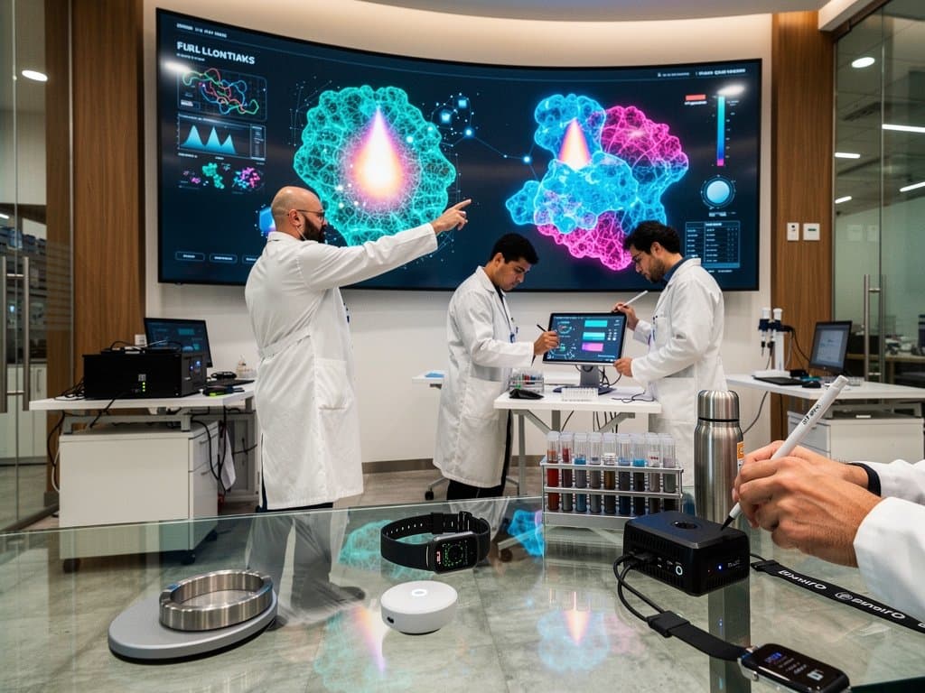AI lab with 3D protein models, wearables, and server racks for longevity medtech research