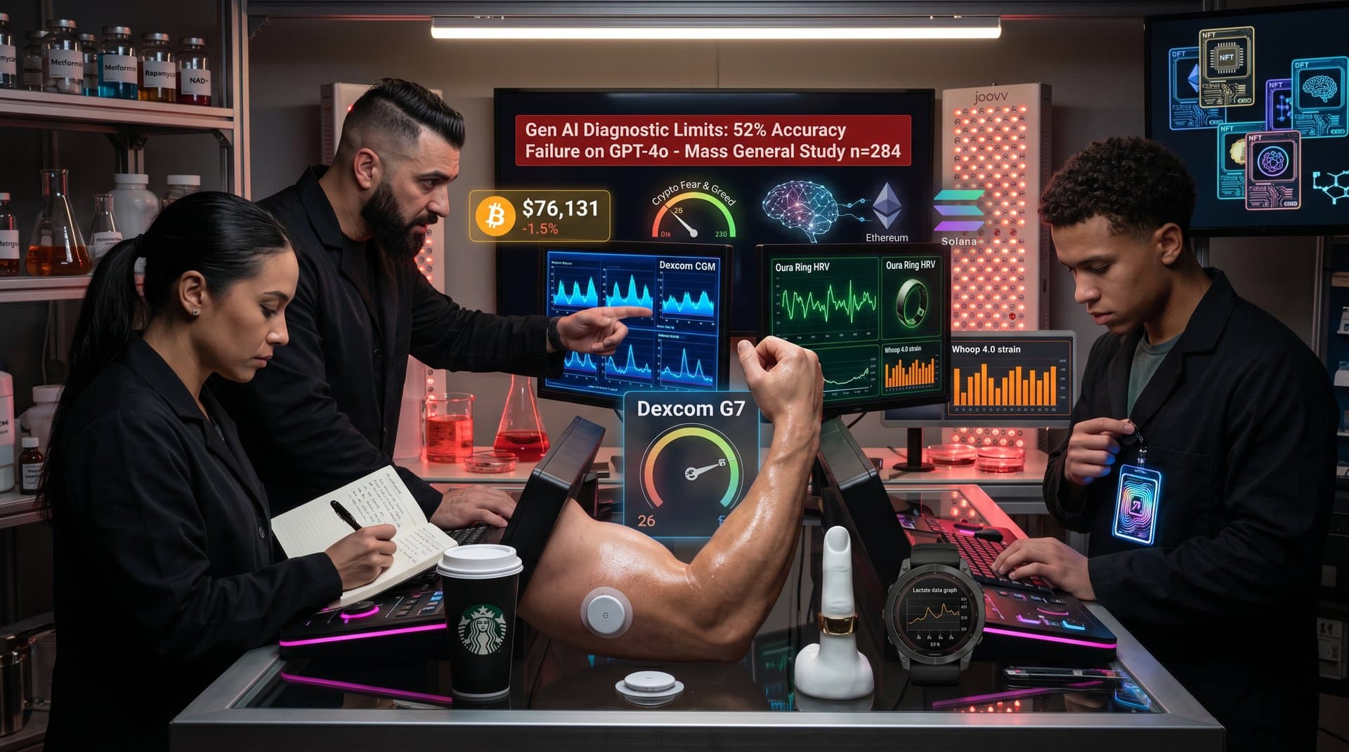 Biohacking dashboard displays CGM data, HRV metrics, Gen AI 52% failure alert, and crypto charts at BTC $76,131