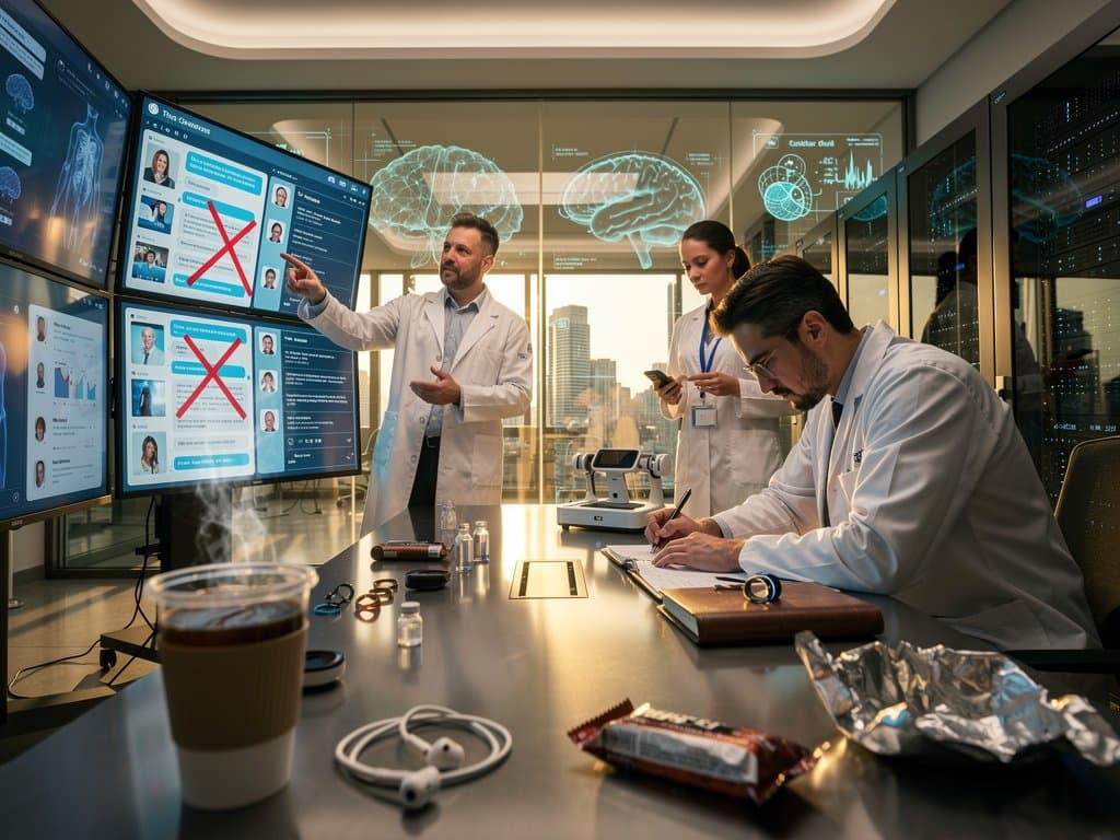 Research lab analyzes AI failures in differential diagnoses amid screens, charts, and biohacking gear