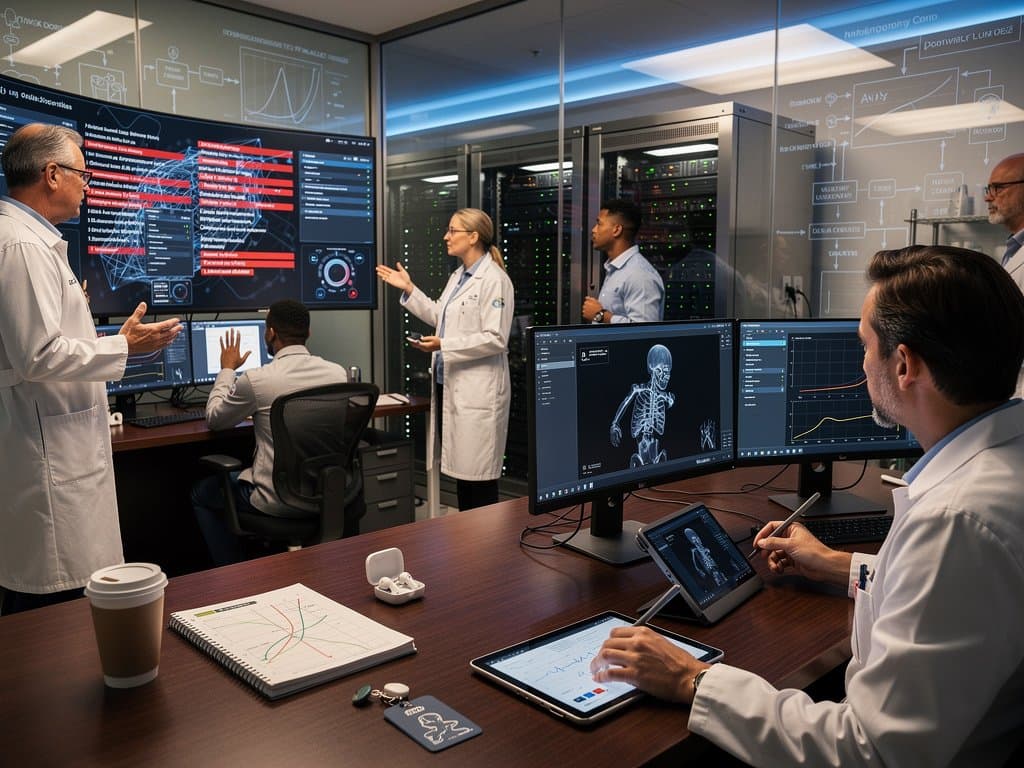 AI diagnostics lab with chatbot error highlights and biohacking data visualizations