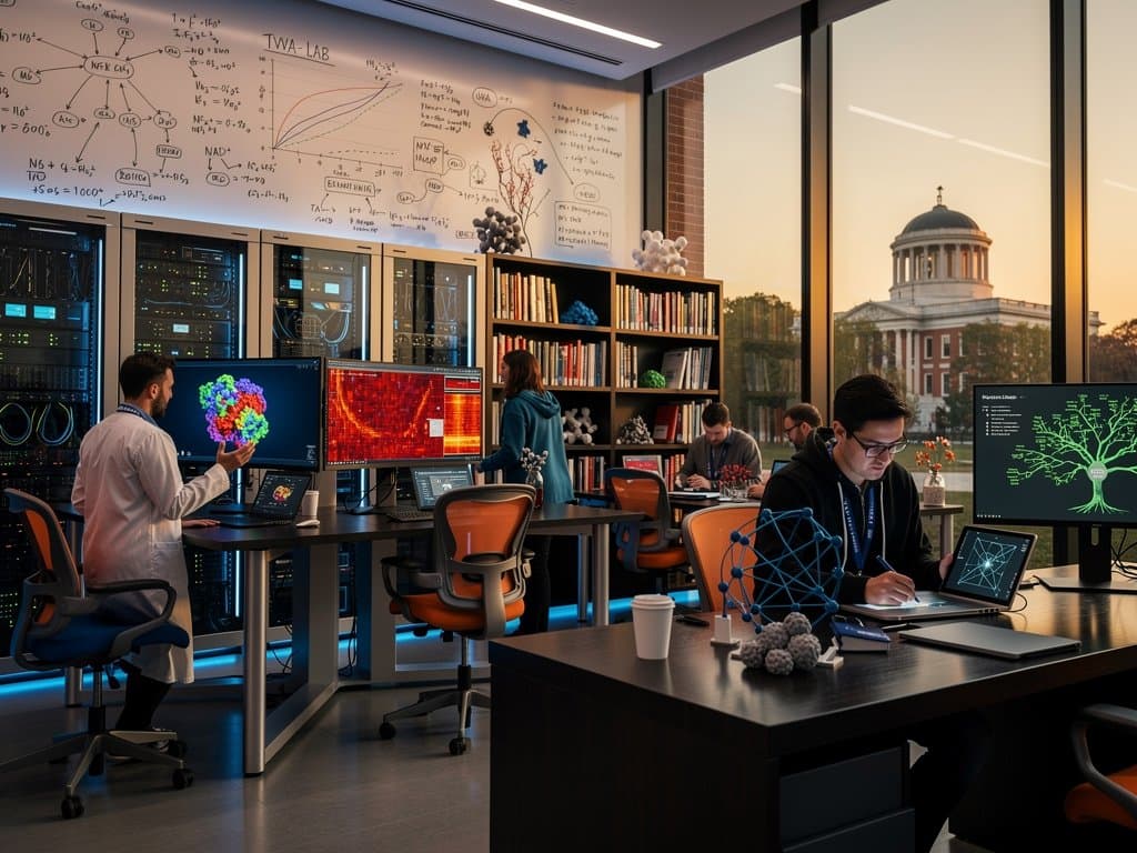 UVA AI lab interior featuring protein models, genomic heatmaps, ethical AI charts, and Rotunda backdrop