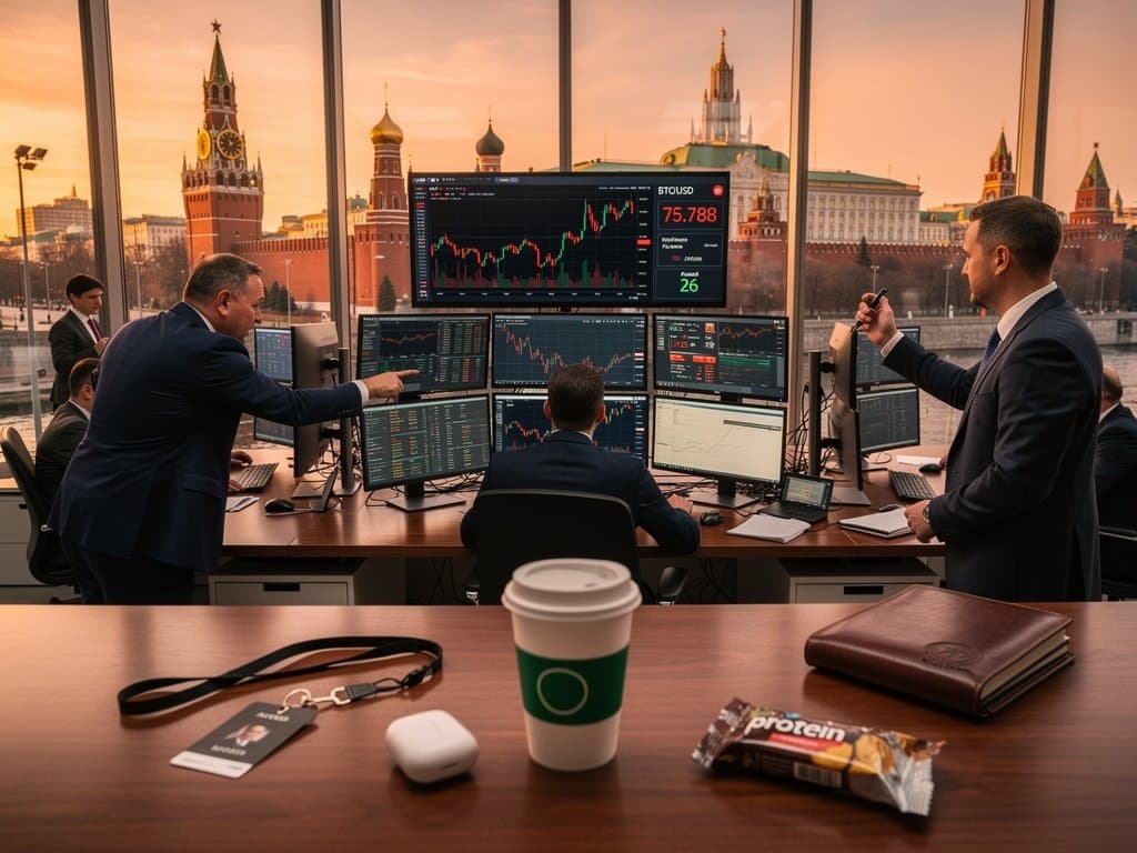 Trading floor monitors BTC at $75,788, Ethereum charts, peptide structures, and Russia crypto prison headlines amid biohacking risks