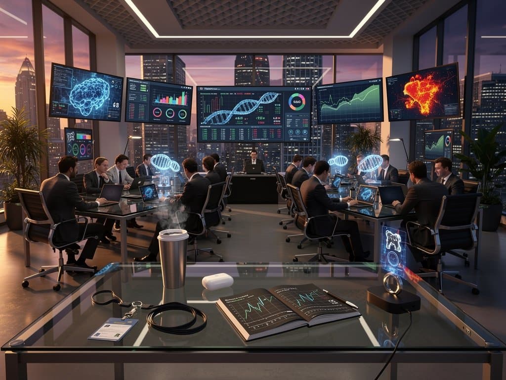 AI dashboards in treasurer’s office display $6M savings, BTC charts at $75K, and longevity funding flows in sleek high-tech environment