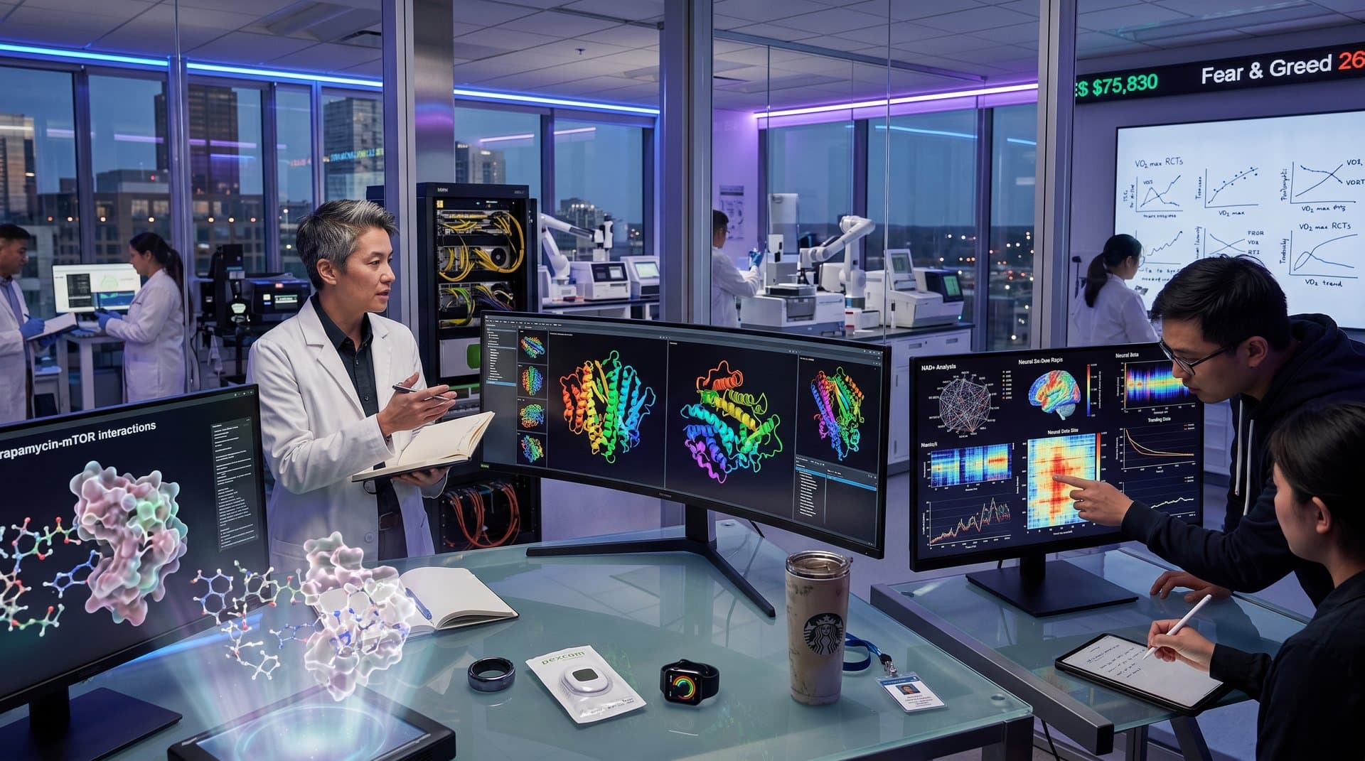 AI lab displaying AlphaFold senolytic models, NAD+ graphs, server racks in high-tech longevity environment.
