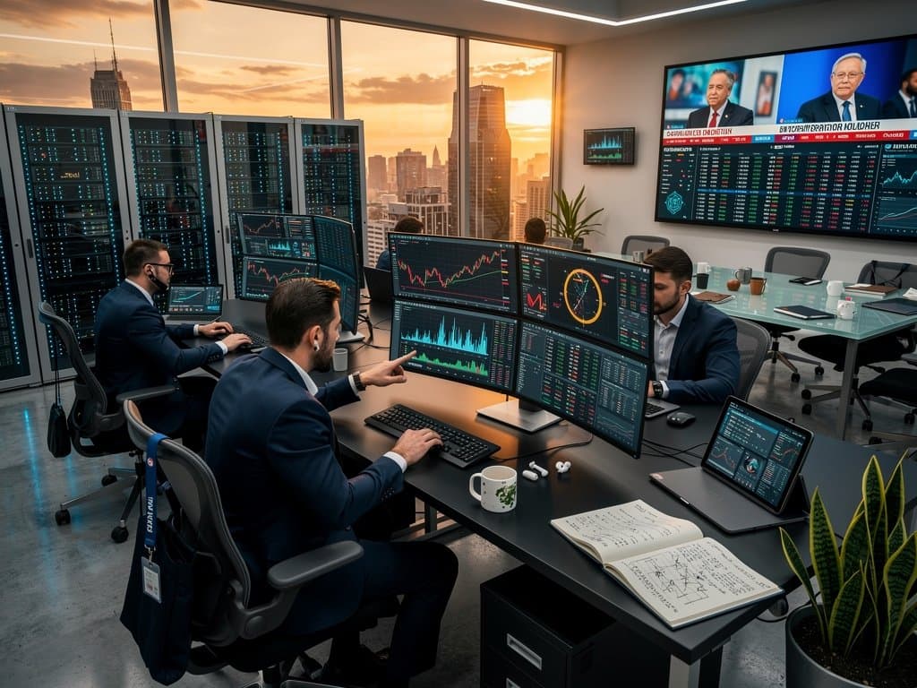 Analysts review AI fiscal tools dashboards and crypto volatility charts on Bloomberg terminals in a state treasurer's high-tech operations center
