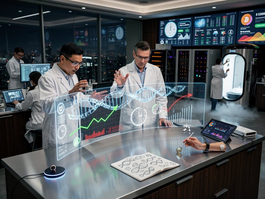 Biohacking lab with AI neural networks, DNA models, and longevity biomarkers on holographic screens amid modern tech setup